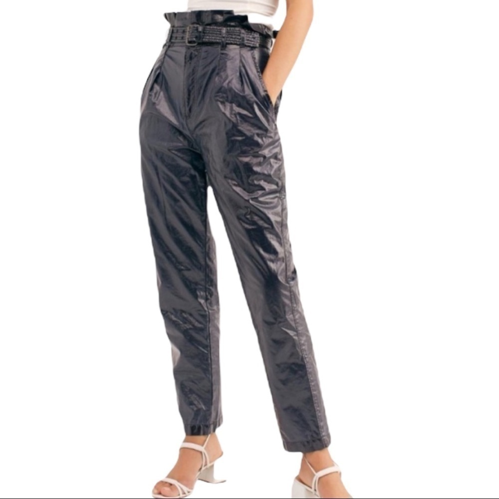FREE PEOPLE WONDER WOMAN FAUX LEATHER HIGH WAIST PAPER BAG PANTS WITH BELT - Picture 3 of 9